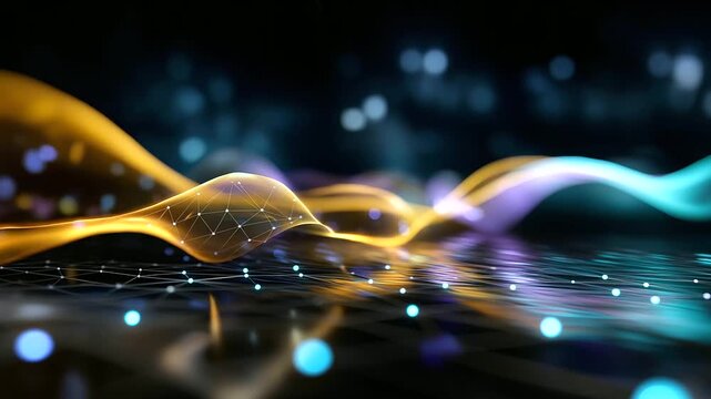 Defocused glowing grid background with fluid digital shapes forming spontaneously, with copy space.