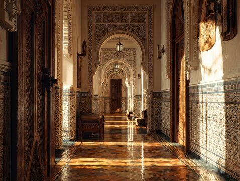 Sunlit Moroccan Architecture Interior Hallway with Ornate Arches and Tiled Floors Reflecting Warm Light Through Distant Doors