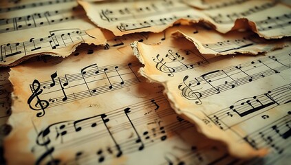
Piece of old vintage music sheet, decorative faded torn paper scrap with notes isolated for collage
By Lyalya Go

