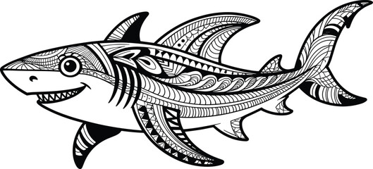 Intricate shark zentangle illustration, black and white detailed line art design for adult coloring books and marine animal artwork
