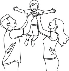 Family line art vector, parents lifting child, joyful bonding moment, black and white illustration, love, care, togetherness, minimalist design