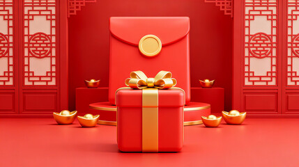 Giant bow gift box and gold ingot red envelope New Year element background