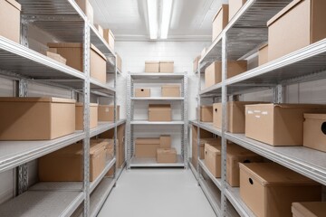 Warehouse interior. Large modern factory with brown paper boxes ware house. Efficient storage and transportation in production, food industry factory. Huge distribution rack, high shelves and crates