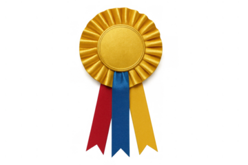 Gold award ribbon with red, blue, and yellow streamers celebrating achievement, success, and first place competition winning