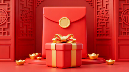 Giant bow gift box and gold ingot red envelope New Year element background