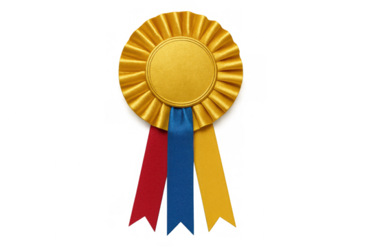Gold award ribbon with red, blue, and yellow streamers celebrating achievement, success, and first place competition winning