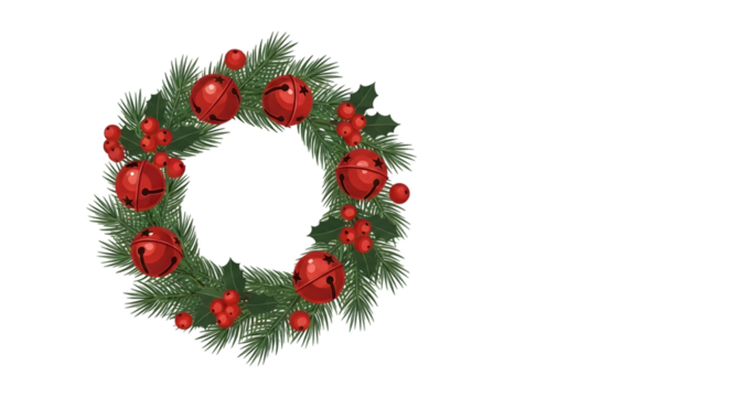 Festive green christmas wreath adorned with bright red baubles and bells on a black background