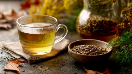 A cup of fennel tea and a small bowl with cumin seeds