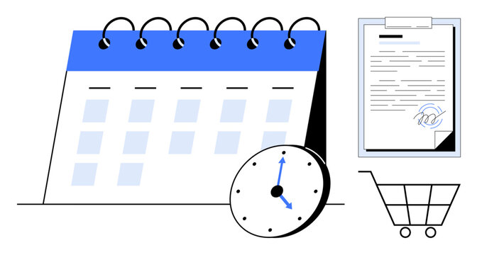 Calendar with marked days, clock showing time, document with signature, and shopping cart. Ideal for scheduling, productivity, deadlines, agreements e-commerce planning and time tracking. Minimal