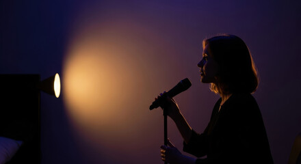 Singer performing in dimly lit room, creating captivating atmosphere with soft lighting