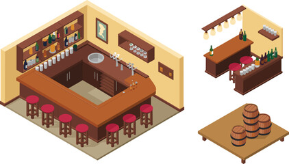 Isometric 3D illustration of a rustic pub interior with wooden bar counter, beer taps, stools, liquor bottles, and barrels
