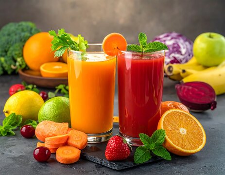 Two glasses of vibrant juice sit beside a selection of colourful fresh fruits and vegetables, arranged on a slate