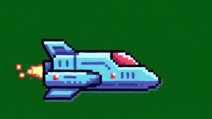 A vibrant pixel art animation of a futuristic spaceship flying horizontally with fiery exhaust reminiscent of classic arcade video games and retro 8bit graphics. - Powered by Adobe