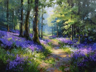 Impressionist Forest Painting Bluebell Woods Landscape Path Through Woodland Wildflowers Sunlight Springtime Nature Scene