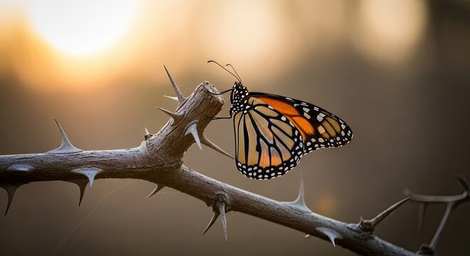 Monarch Butterfly Perched on Thorny Branch at Sunset. - Powered by Adobe
