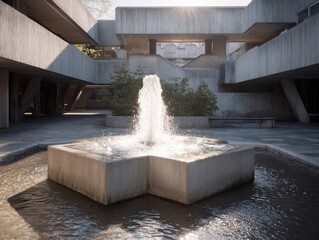 Brutalist Architecture University Campus Fountain Courtyard Sunlight Concrete Buildings Modern Design