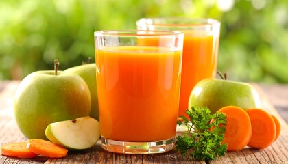 Two glasses of vibrant orange juice are positioned next to green apples and carrot slices on a wooden table with a blurred green backdrop
