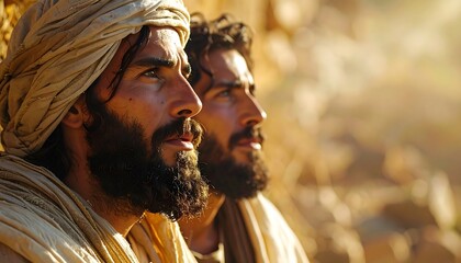 Two bearded men with turbans gaze upwards, bathed in sunlight, likely outdoors, with a sense of reverence and contemplation