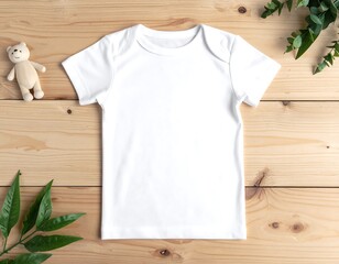 Top-down view of a blank white toddler t-shirt on a wooden surface, beside a small teddy bear and green leaves. The shirt is centered