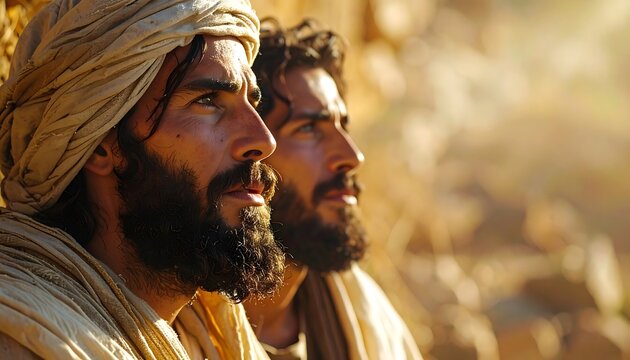 Two bearded men with turbans gaze upwards, bathed in sunlight, likely outdoors, with a sense of reverence and contemplation