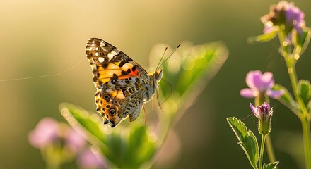 Obraz premium Painted Lady Butterfly Perched on Green Leaf with Dew Drops in Golden Hour Sunlight.