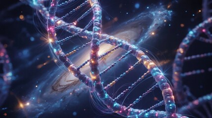 Illuminated DNA double helix against a dark cosmic background with galaxies and stars genetics science
