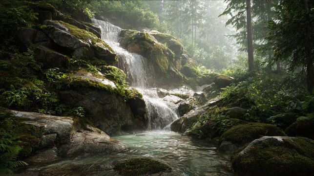 A mesmerizing waterfall cascades gracefully down moss-covered rocks within a serene forest, creating a tranquil atmosphere.