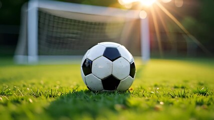 Soccer ball on the grass in front of a goalie net - Powered by Adobe