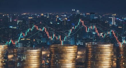 Financial market growth illuminated by city lights and stacked gold coins