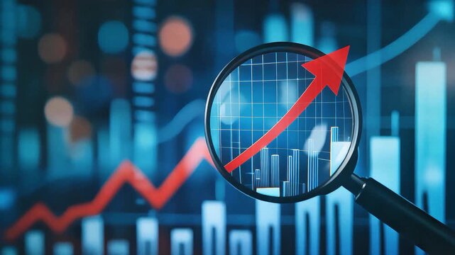 Red arrow rising on bar chart viewed through magnifying glass symbolizing data analysis and business growth.