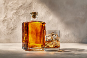 Elegant glass decanter filled with amber whiskey and a glass tumbler with ice cubes reflecting soft light on textured neutral background for sophisticated beverage enjoym