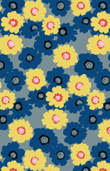 Abstract solid vector textile design, arrangement with a medium dual-tones aster silhouette flowers, all-over seamless pattern with blue and yellow color illustration, digital image printing factory