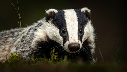 A close-up portrait of a badger, showcasing its black, white, and gray fur. The creature is posed in a natural environment