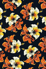 Abstract solid vector textile design, arrangement with dual-tones, a big hibiscus flower, all-over seamless pattern with orange and yellow tone color illustration, digital image printing factory