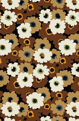 A solid vector textile design, arrangement with a medium three-tones aster silhouette flowers, full all-over seamless pattern with orange and white color illustration, digital image printing factory