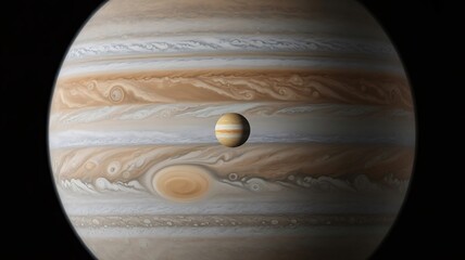 Jupiter with a small moon centered on its striped surface planet gas giant