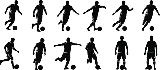 Soccer player silhouette vector, kicking, dribbling, running poses, black design, ball interaction, athletic motion, sports icon set, dynamic illustration