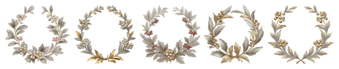 Obraz premium PNG Elegant metallic laurel wreaths design, element set on transparent background
