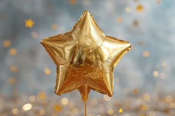 Golden star balloon floats against a bokeh background creating a celebratory atmosphere
