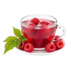 Raspberry Tea Delight: A refreshing glass cup filled with vibrant, ruby-red raspberry tea. Delicious drink surrounded by fresh raspberries and green leaves