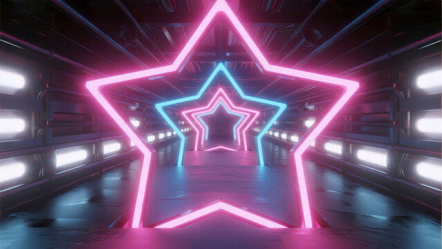 Neon star tunnel with glowing lights - Powered by Adobe
