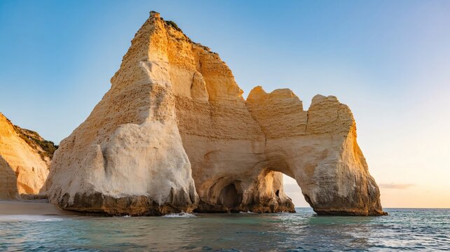 Large sandstone rock formation with an archway on a beach at sunset image photo - Powered by Adobe