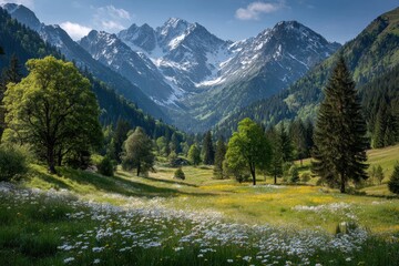 Scenic Bavarian Alps landscape with wildflowers in a meadow and snow-capped peaks under a blue sky in the early morning