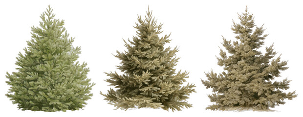 Fototapeta premium PNG Three lush evergreen trees displayed, element set on transparent background