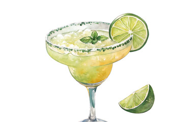 Refreshing margarita cocktail with lime and mint isolated on transparent background