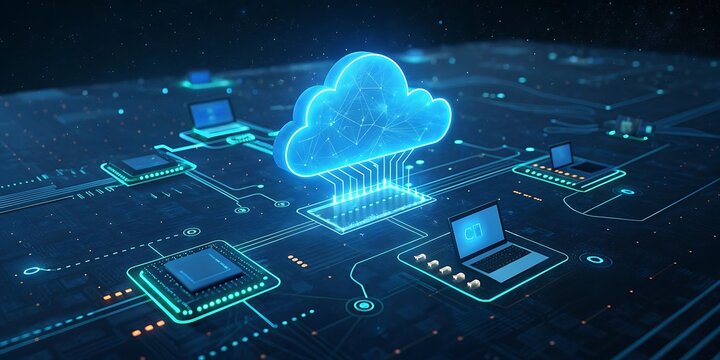 Futuristic digital cloud computing network connecting multiple devices and processors on a glowing circuit board with blue neon light effects