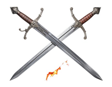 Two gleaming, crossed steel blades with intricate handles and a stylized flame graphic below. A white backdrop