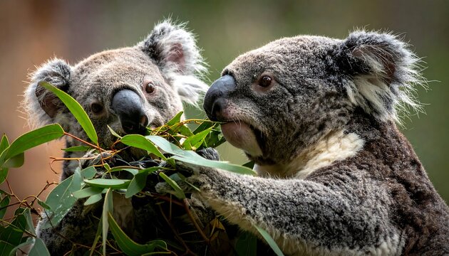 Two adorable, furry marsupials, koalas, are nestled together. One is munching on leaves, while the other looks on, framed by the green of foliage