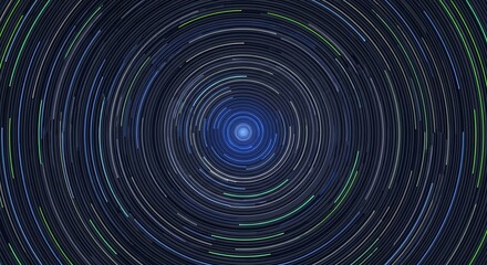 A captivating abstract image featuring a vortex of swirling light trails on a dark blue background, evoking cosmic motion and celestial rotation.