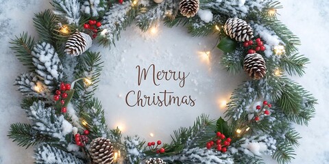 A beautiful snow dusted christmas wreath adorned with pinecones red berries and warm fairy lights wishing everyone a merry christmas